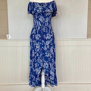 Boho Peasant Dress, Blue and white Maxi Sz L